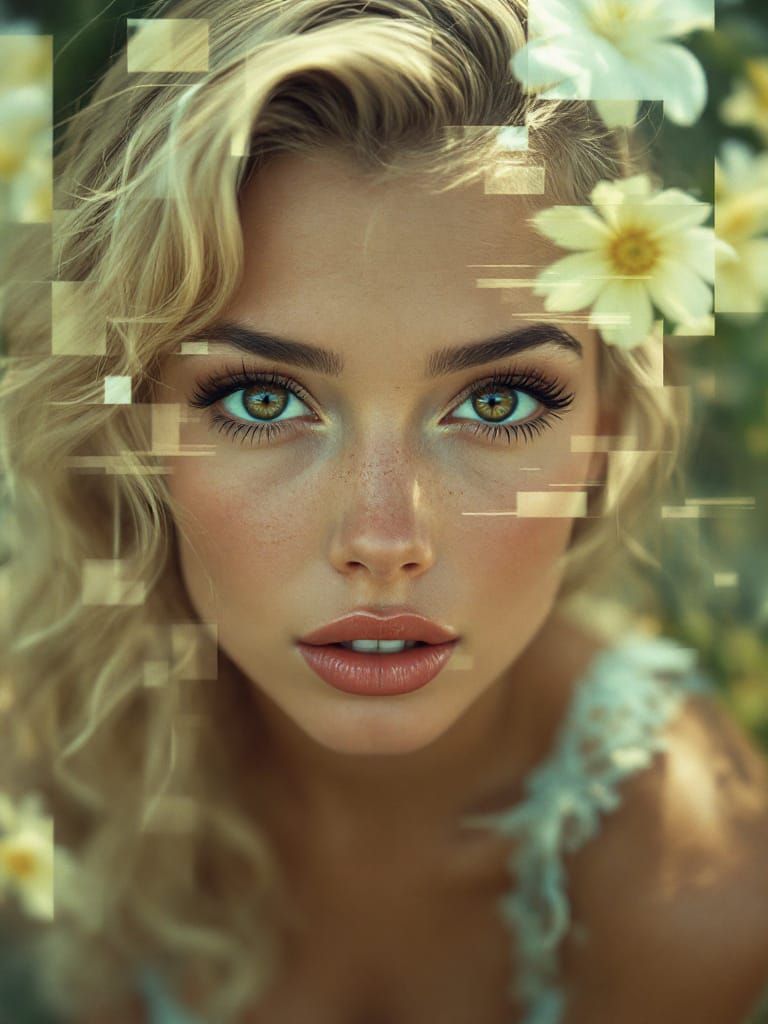 Vintage Pin-Up in Park with Glitch Art Distortion