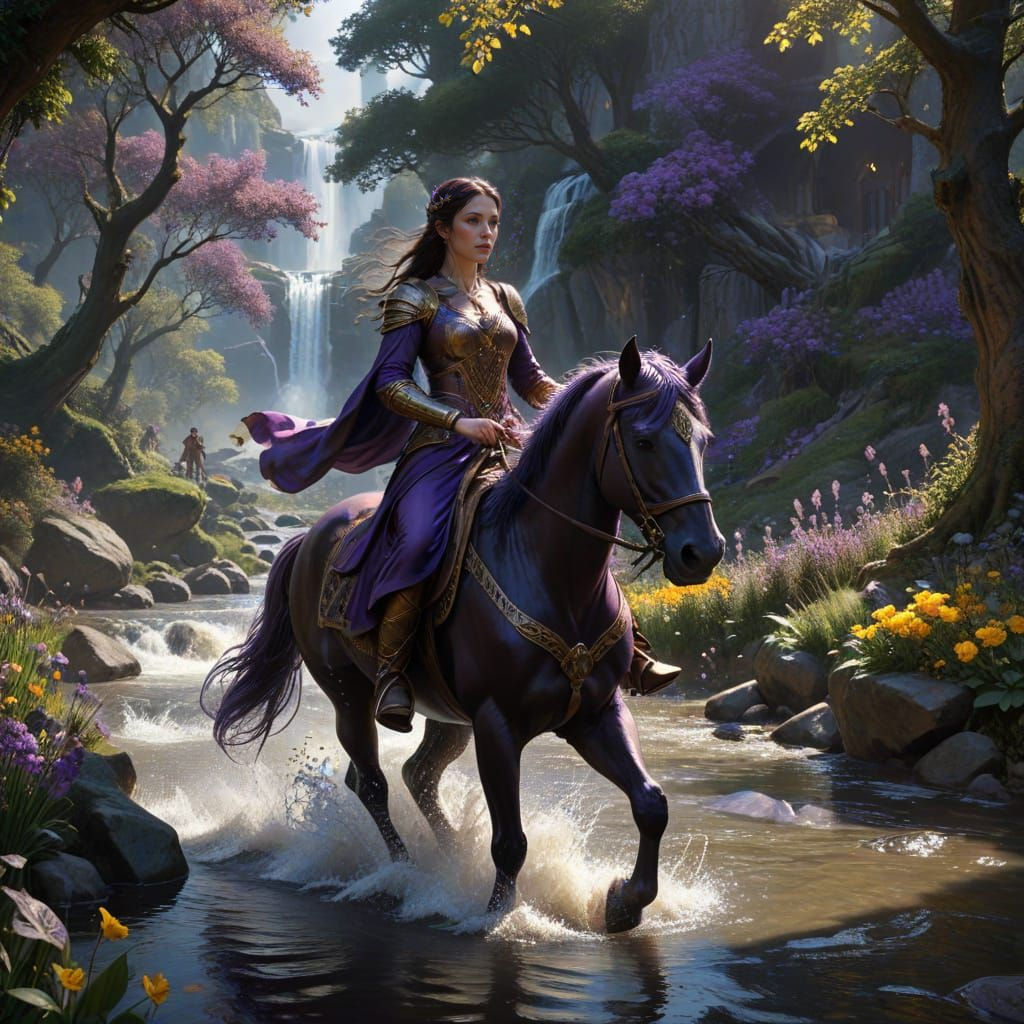 Dark Fantasy Elf Maiden Confronts Nazgul in Majestic River L...