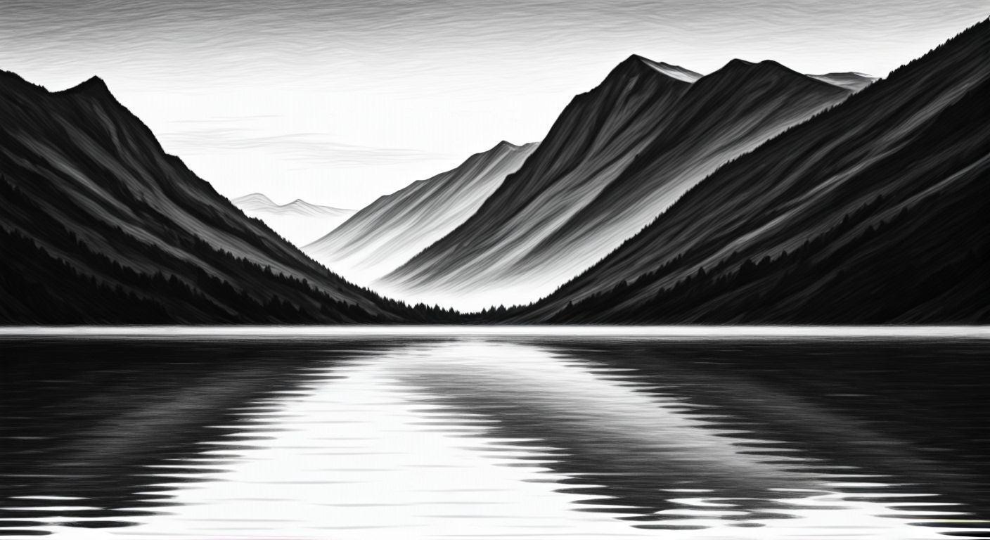 Charcoal Sketch of Serene Mountain Lake and Peaks