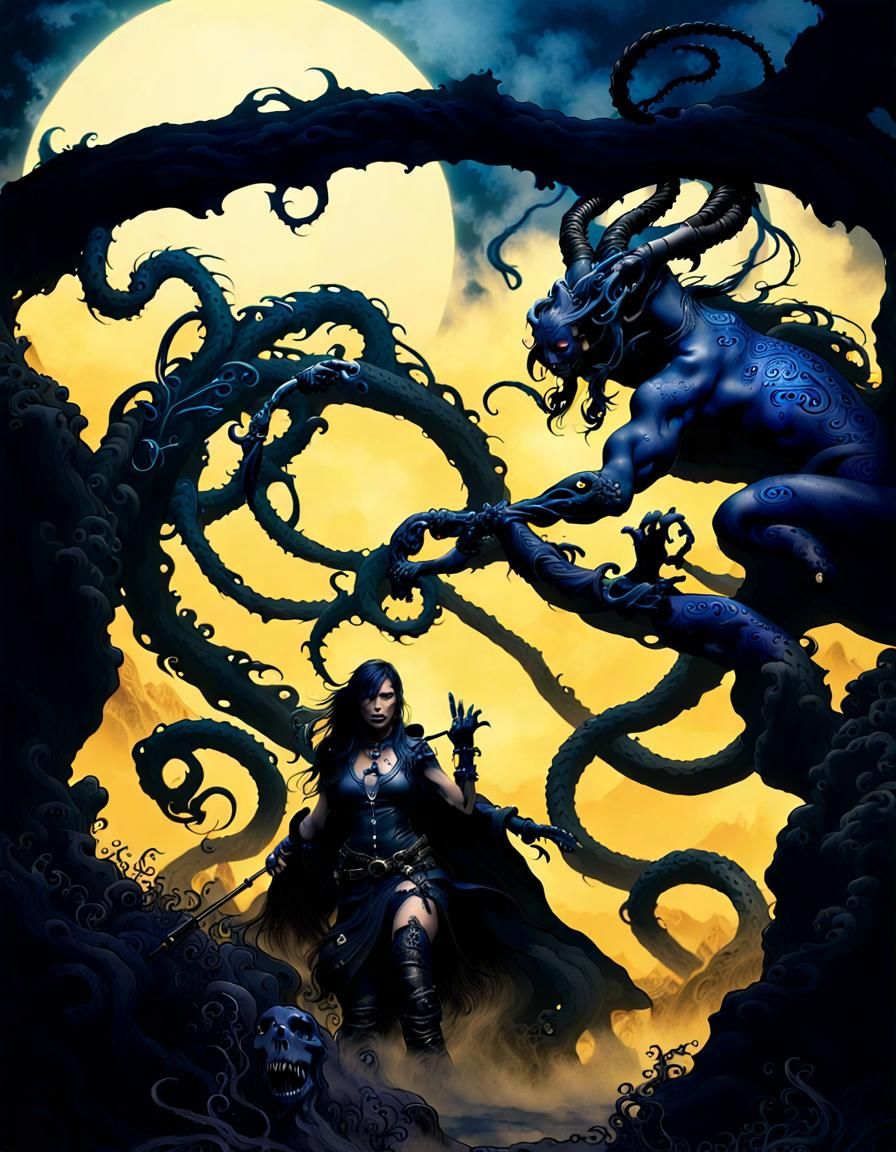 Deadly Assassin in Shadows: Art Nouveau Demonic Beauty