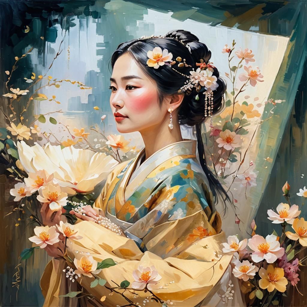 Asian Woman in Flowers: Impressionistic Oil Painting