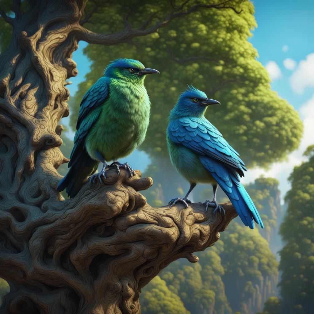 Green and Blue Bird on Giant Tree