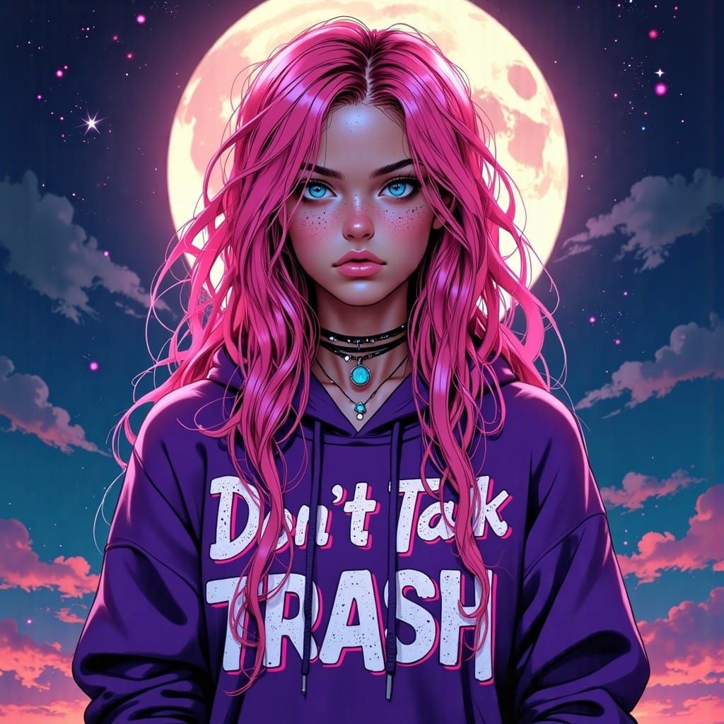 Glittering Pink-Haired Woman Under Moonlight