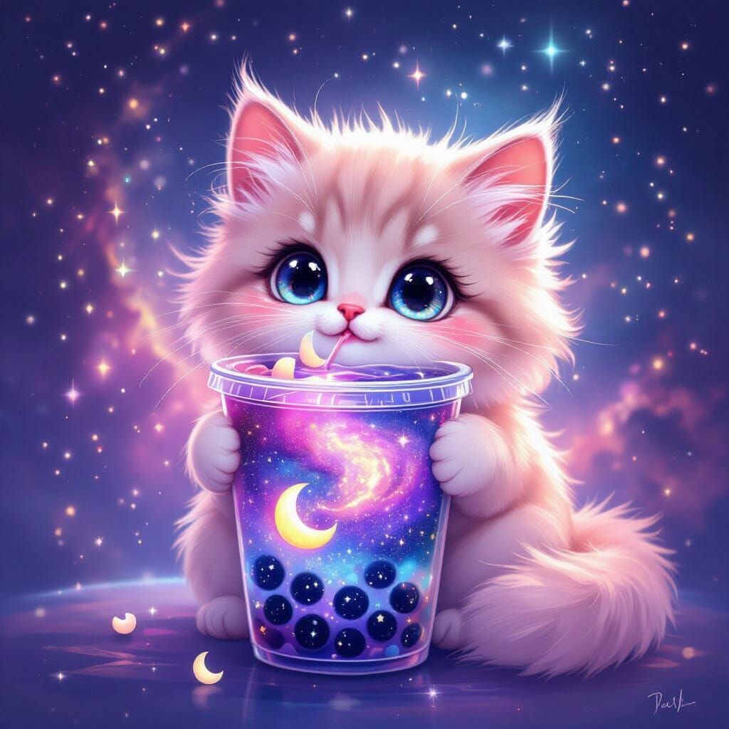 Fluffy Pink Cat Drinks Cosmic Galaxy Boba