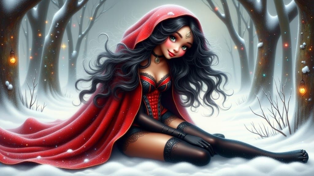 Whimsical Winter Scene of Red Riding Hood Playing in the Sno...