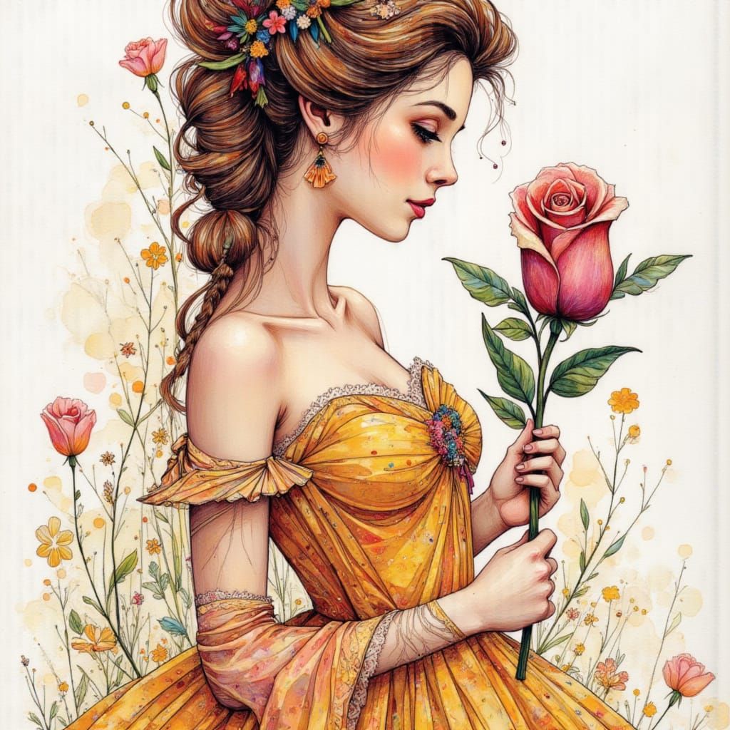 Belle with Rose: Pen and Ink Masterpiece