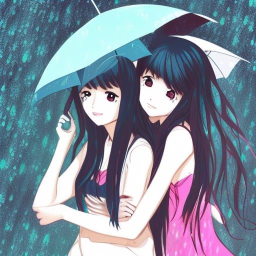 Anime Style: Two Girls Hugging in the Rain