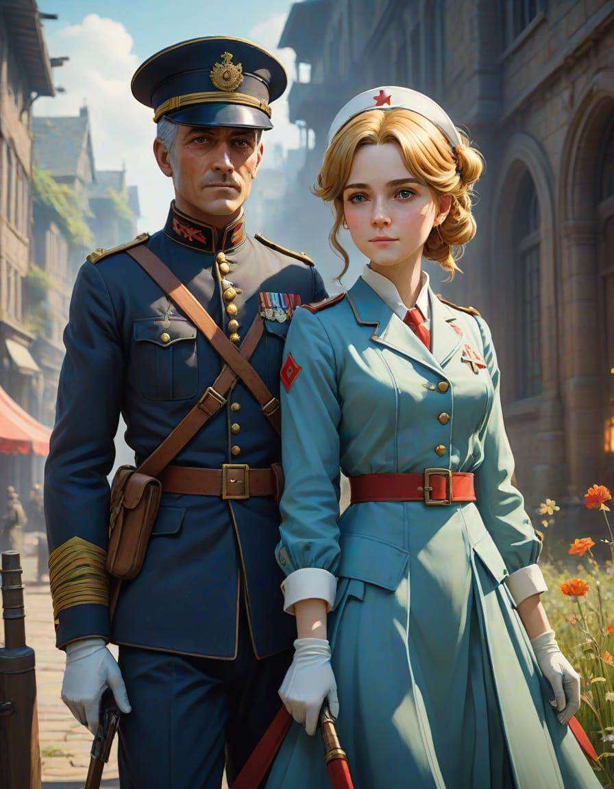 Surreal War Nurse and Lieutenant in Epic Anime Style