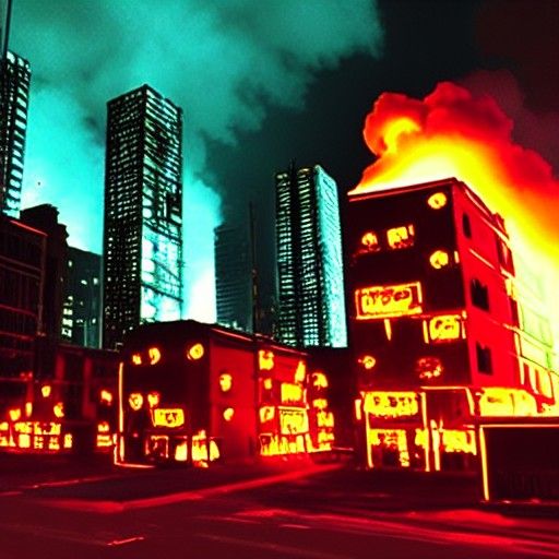 Post-Apocalyptic City Ablaze with Neon Fire