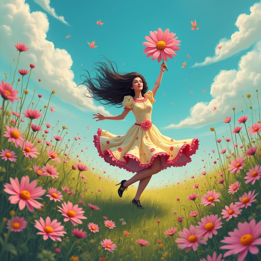 Whimsical Woman Dancing in Vibrant Floral Wonderland