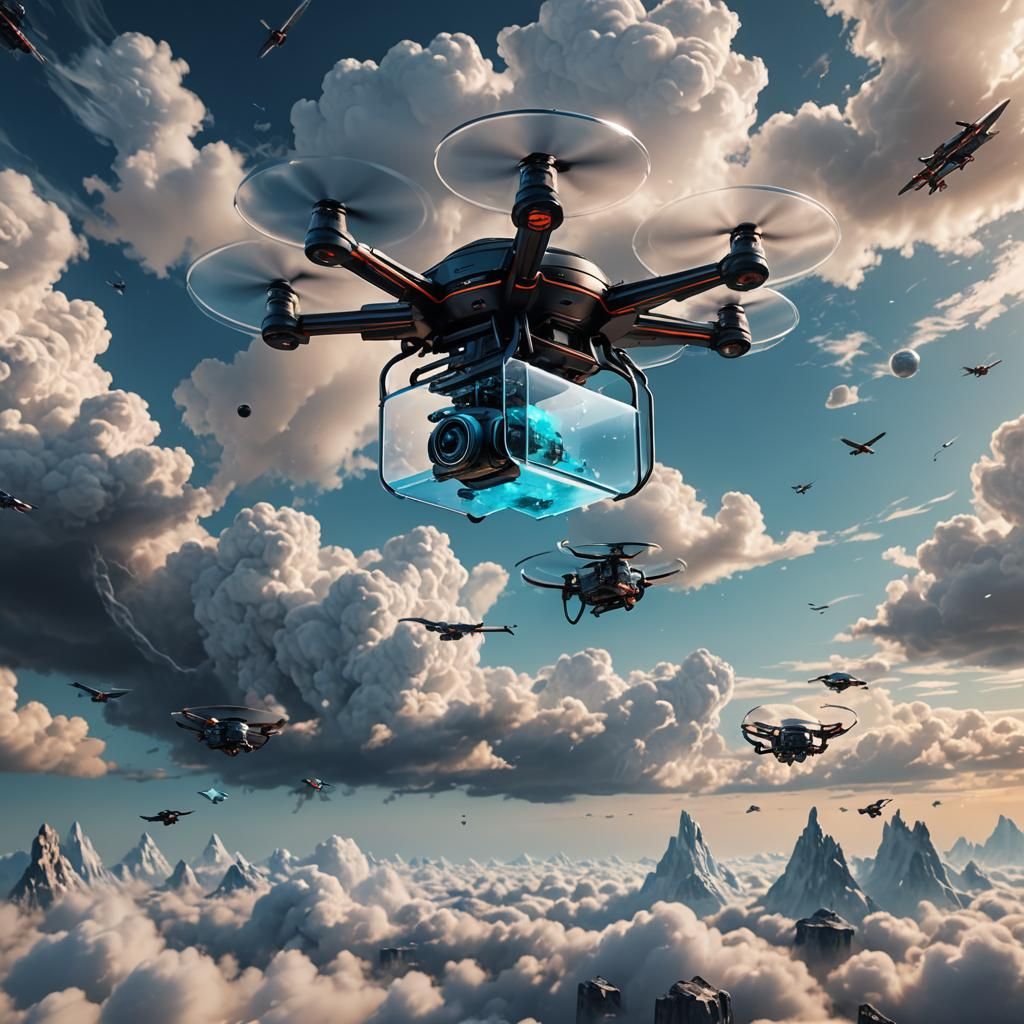 Glass Drone Flying on Clouds in Detailed Matte Painting