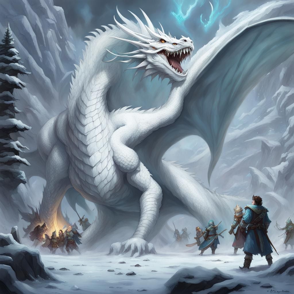 White Dragon Freezes Adventurers with Frost Breath