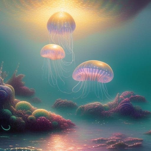Ethereal Jellyfish Starships in Underwater Landscape