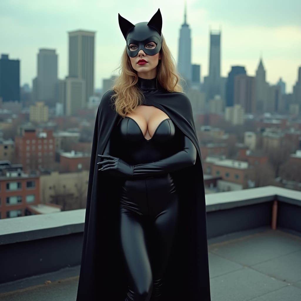 Woman in Catsuit Posing on City Rooftop