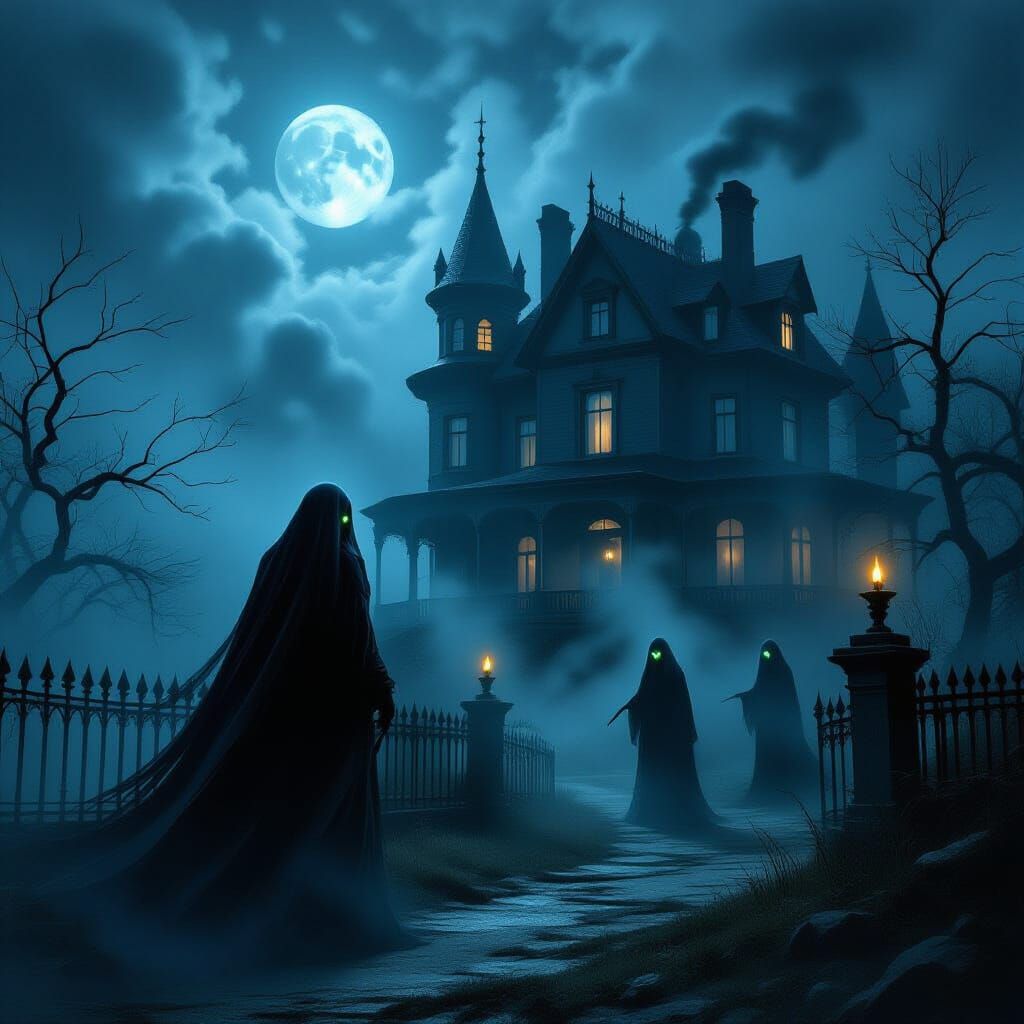 Sinister Ghosts Haunting Foggy Victorian Mansion at Midnight