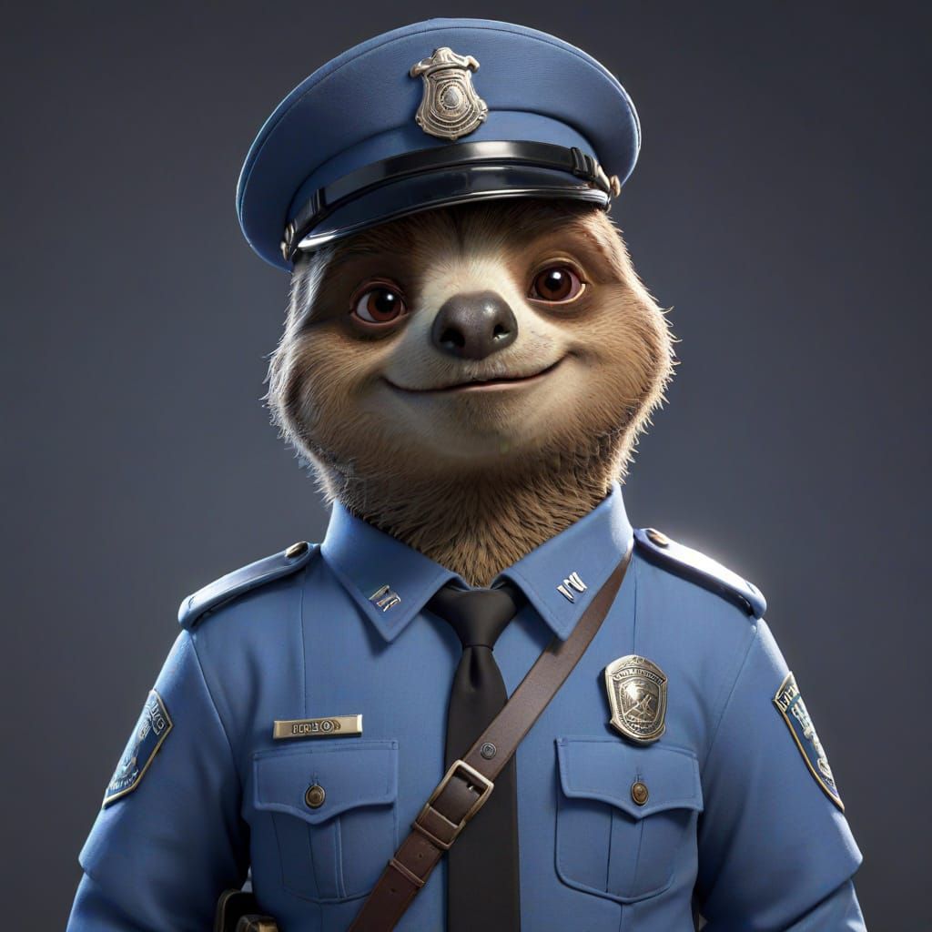 Surreal Sloth Policeman in Pixar Style