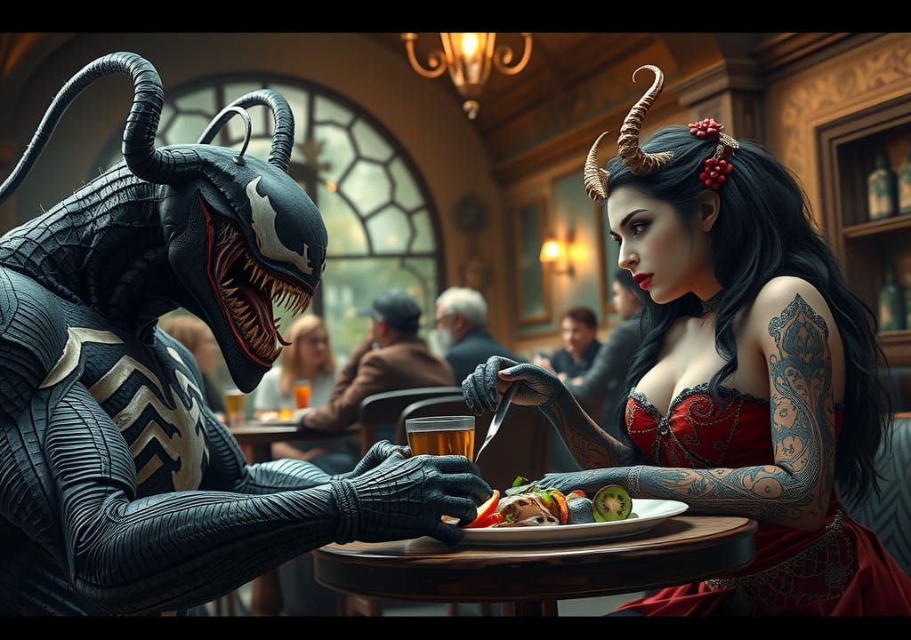 Venom and Vampirella share a meal on their date