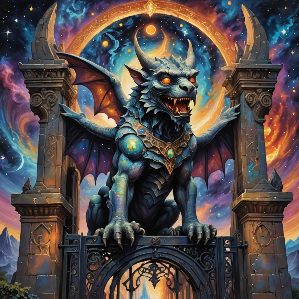 Glowing Gargoyle Guarding a Cosmic Gate: Fantasy Art