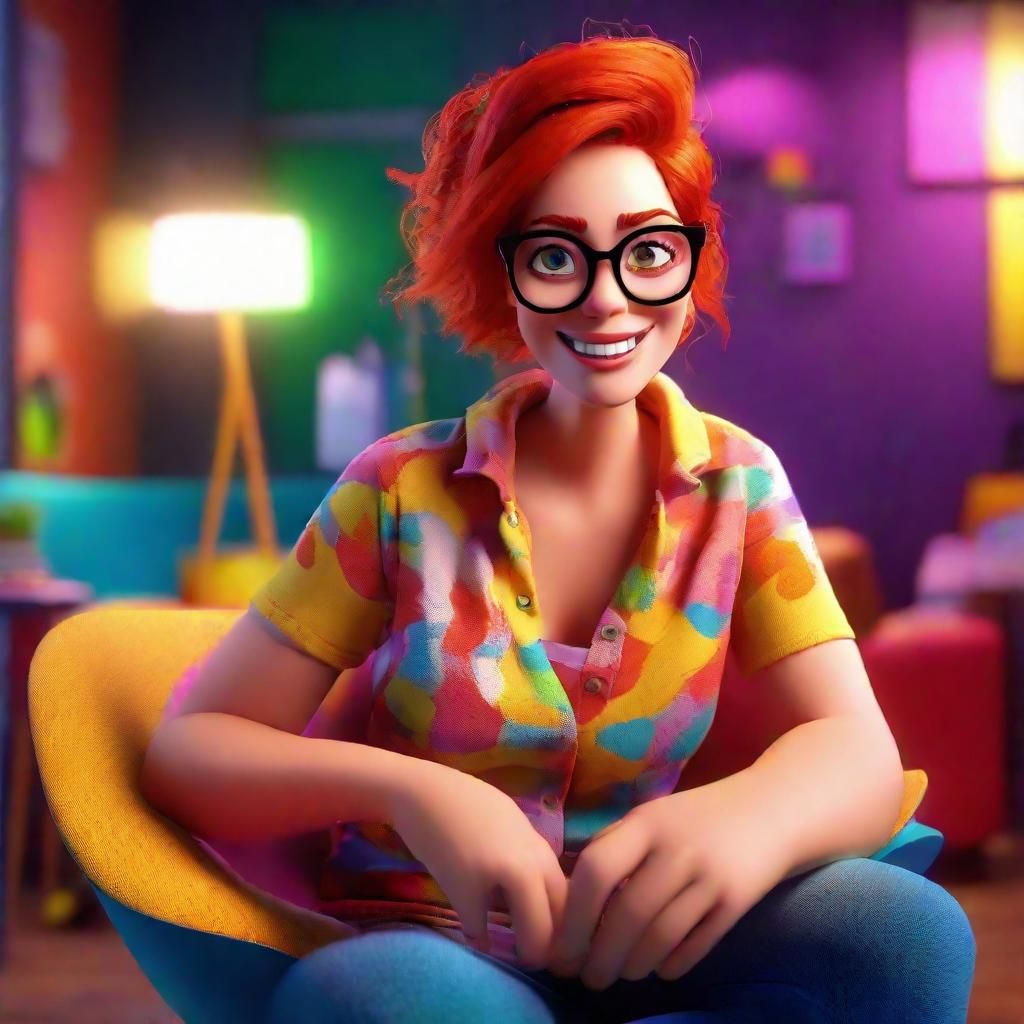 Pixar Style Woman in Colorful Chair 3D Animation