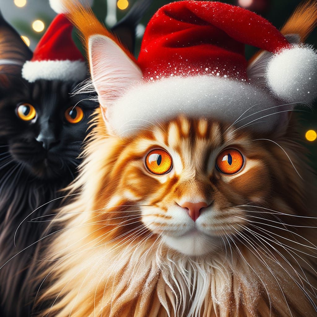 Festive Maine Coon Cats in Santa Hats