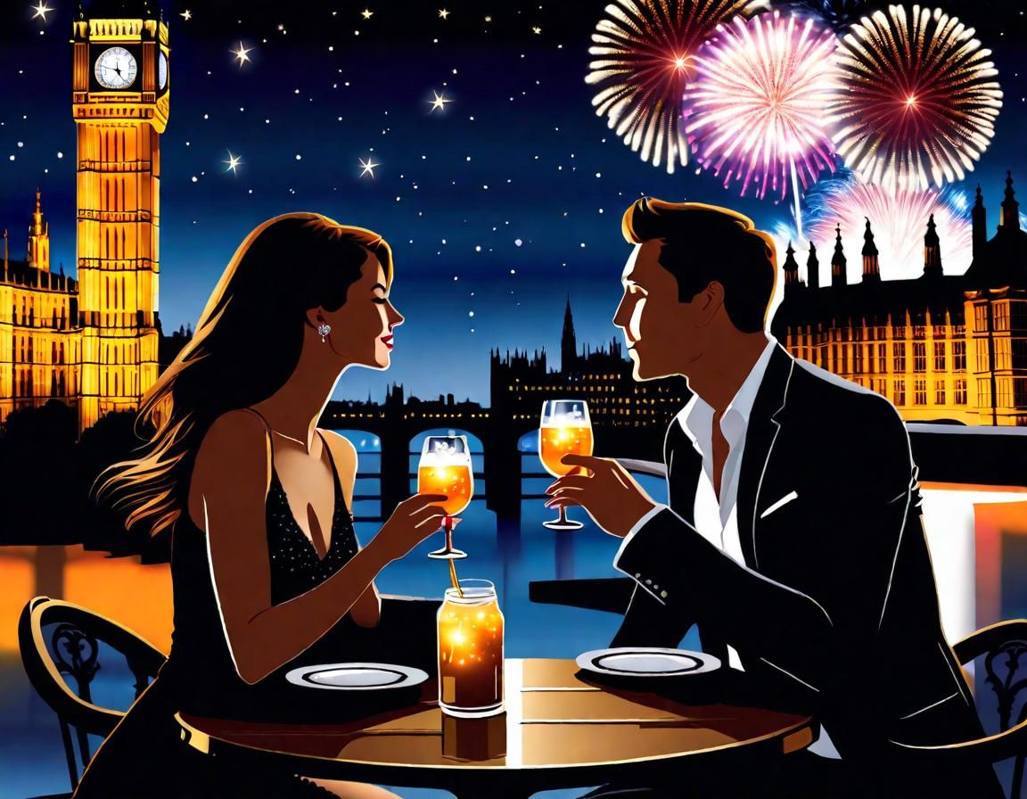 Romantic Couple at Cafe in London with Fireworks