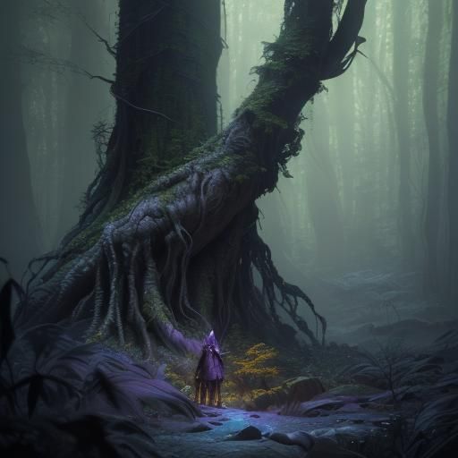 Wizard and Treant in Alien Forest, Dark Fantasy Art