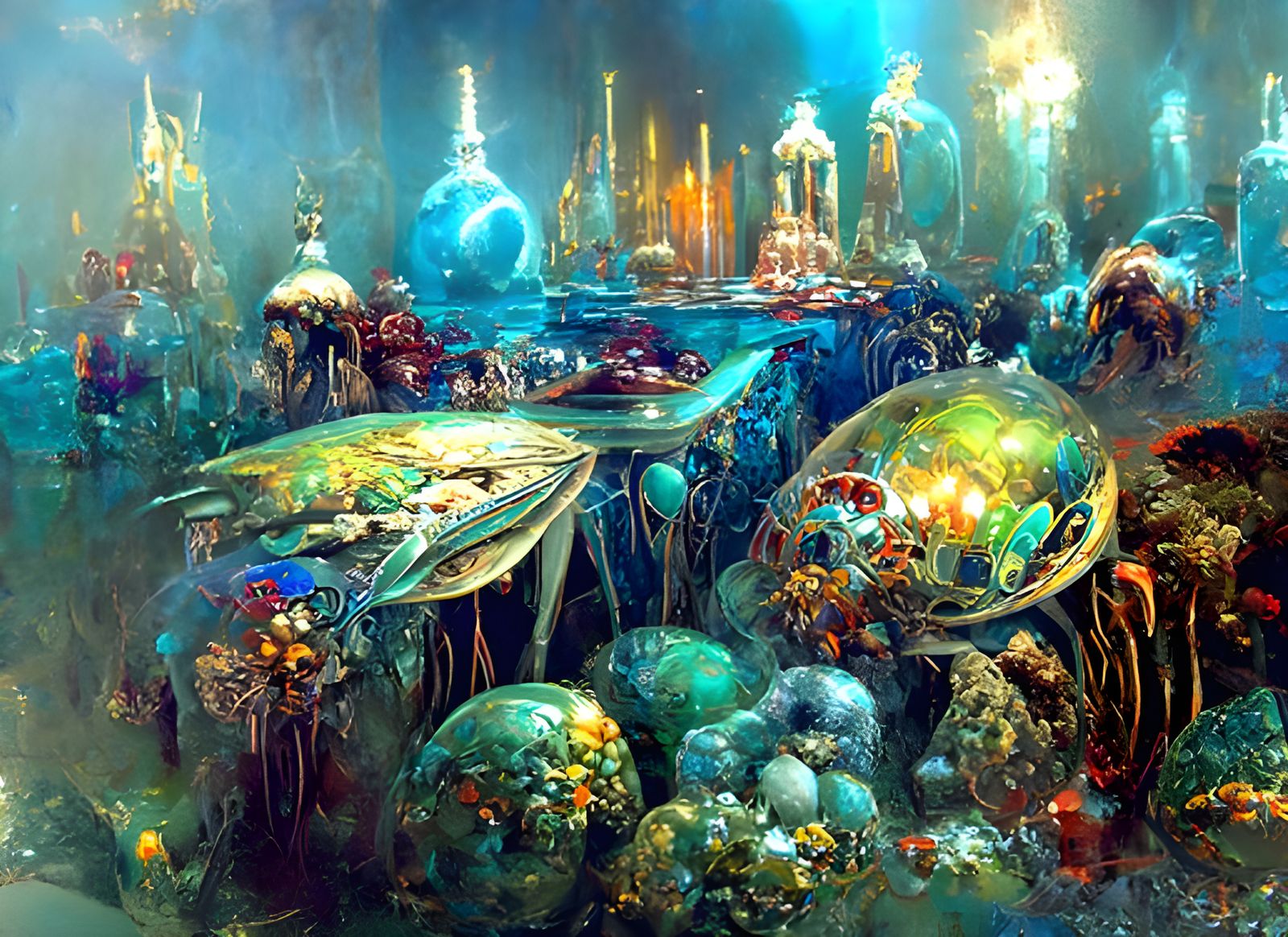 Vibrant Ocean Floor Ecosystem in Stained Glass Style