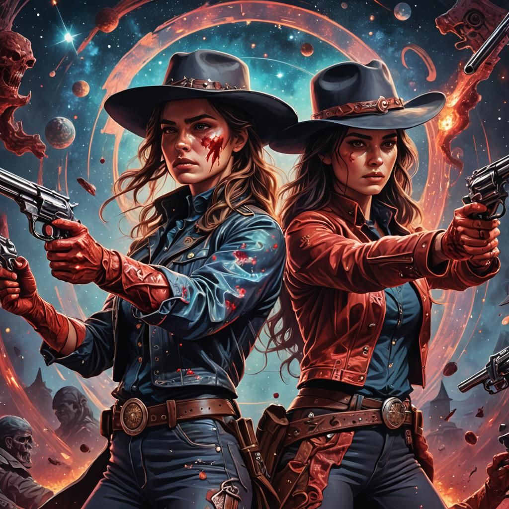 Bloody Female Western Gun Duel in Mixed Media