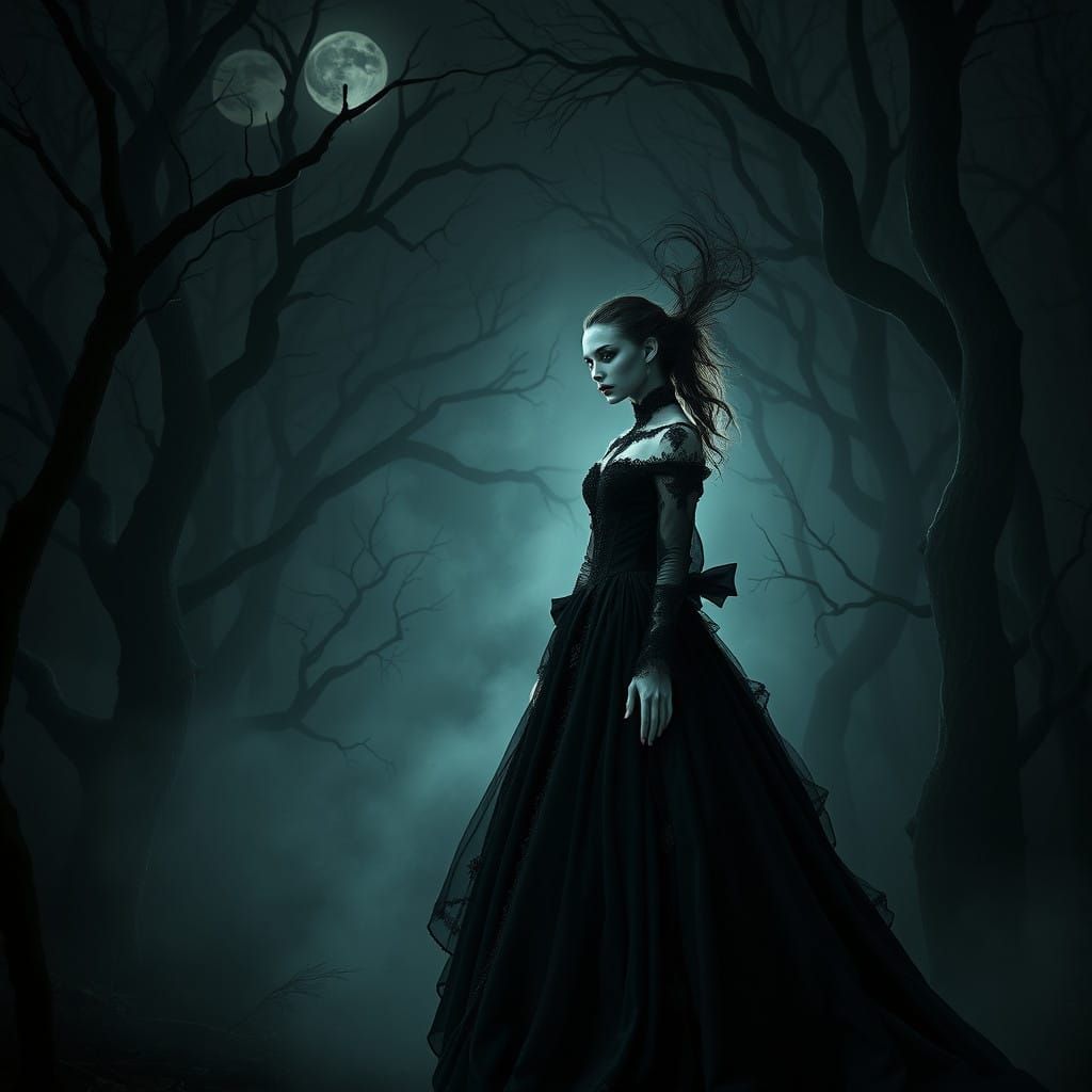 Ethereal Vampire Queen in Victorian Gown Amidst Dark Forest