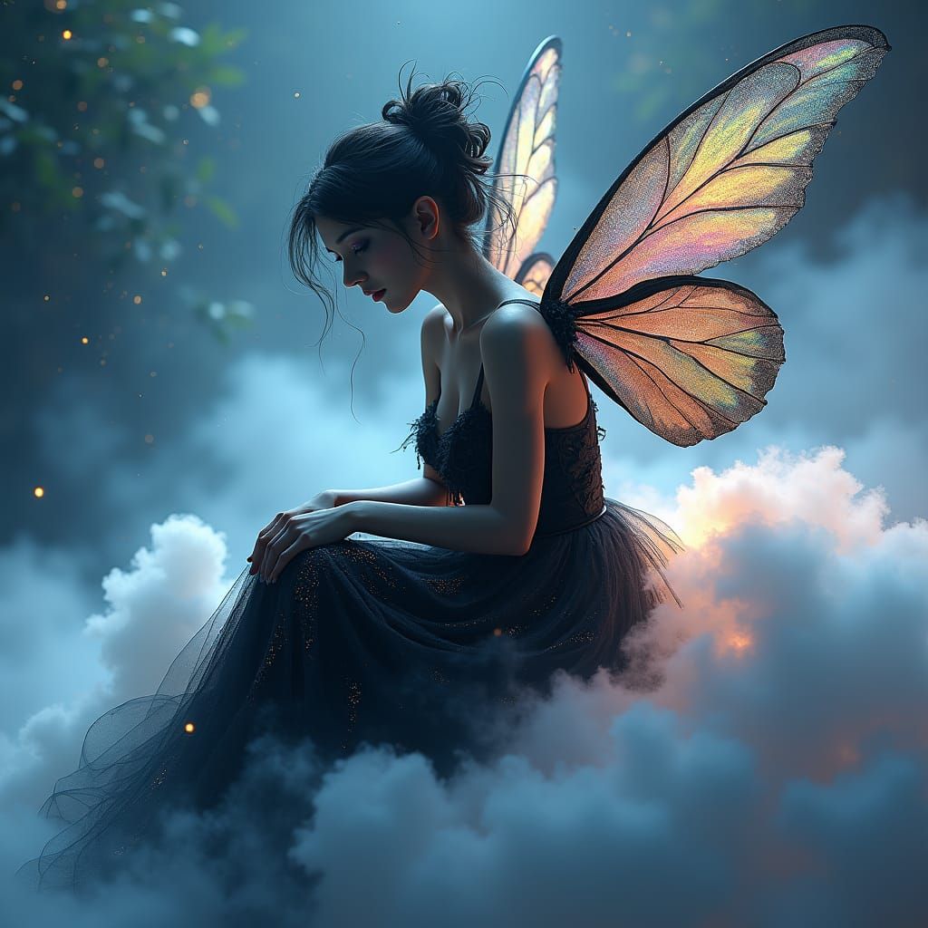 Dark Fairy on Luminous Cloud in Ethereal Setting