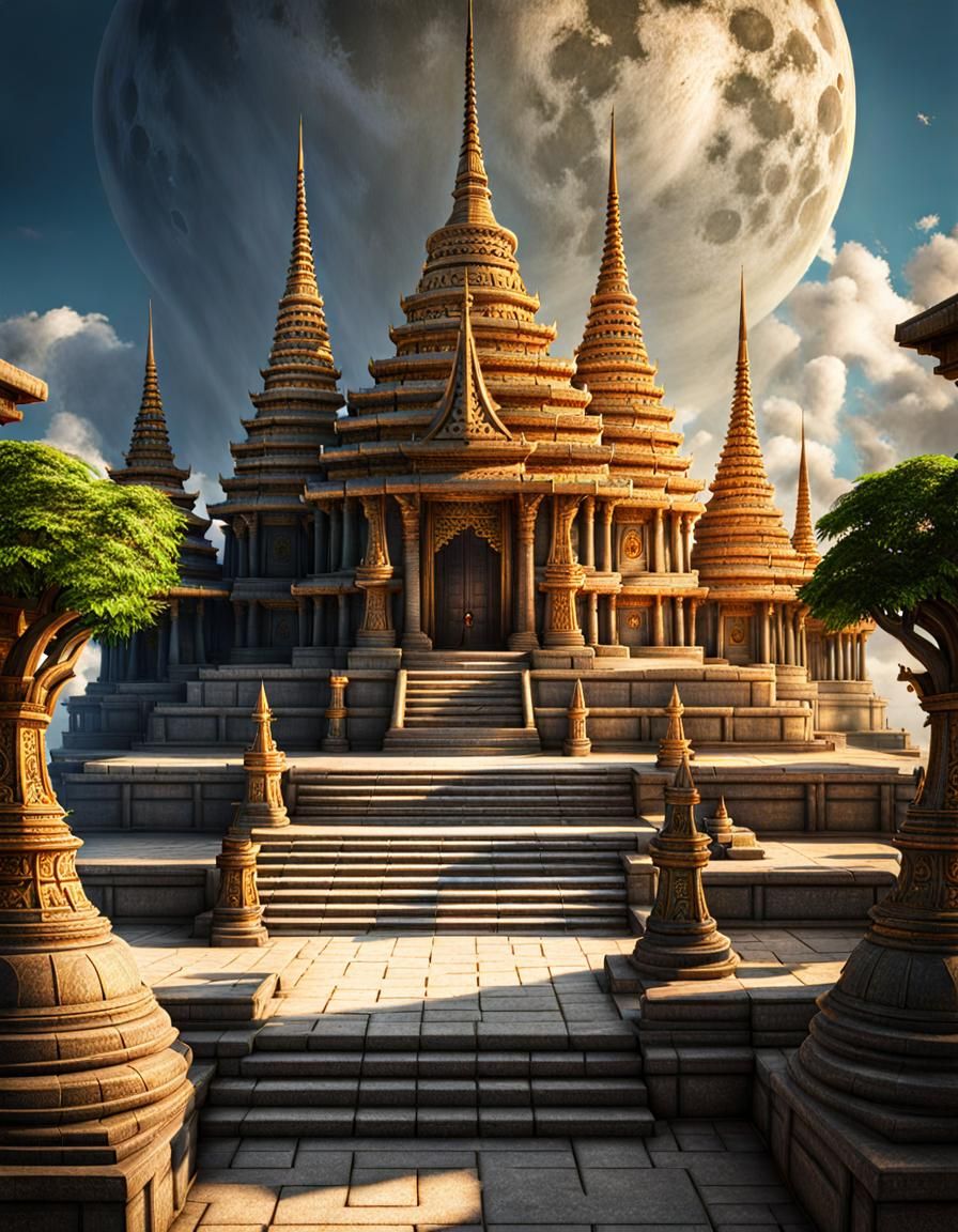 Fantasy Temple Under a Giant Moon