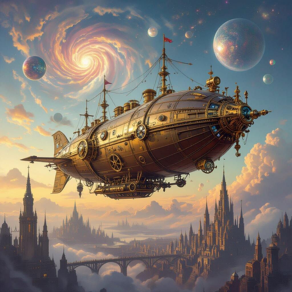 Steampunk Airship Navigates Nebula Sky