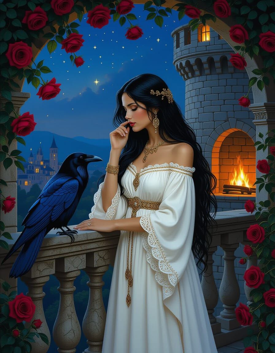 Woman Whispering to Raven on Castle Balcony at Night