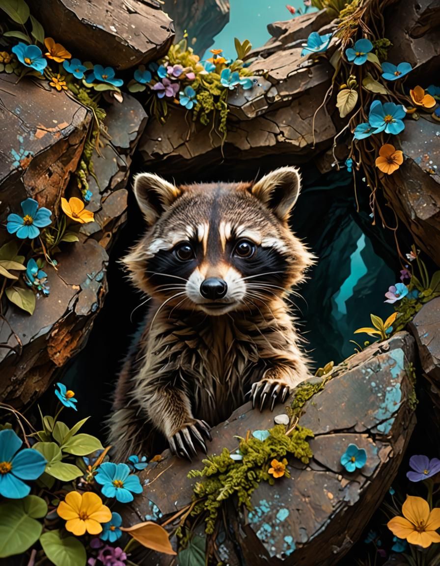 A racoon is peeking out of the rock, surrounded by wildflowe...
