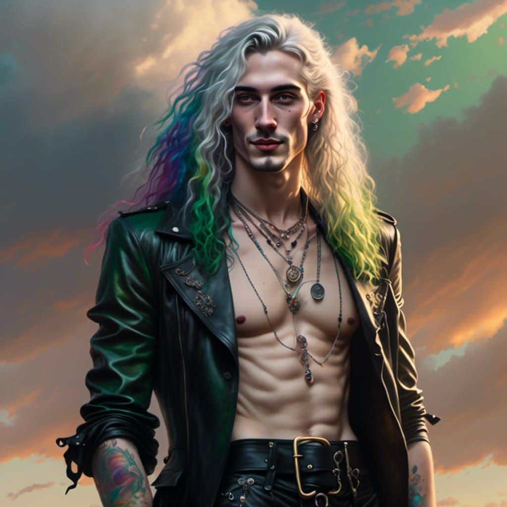 Rainbow Haired Man Posing in Green Hills