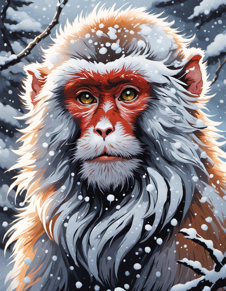 Traditional Japanese Macaque in Winter Woodblock Print Style