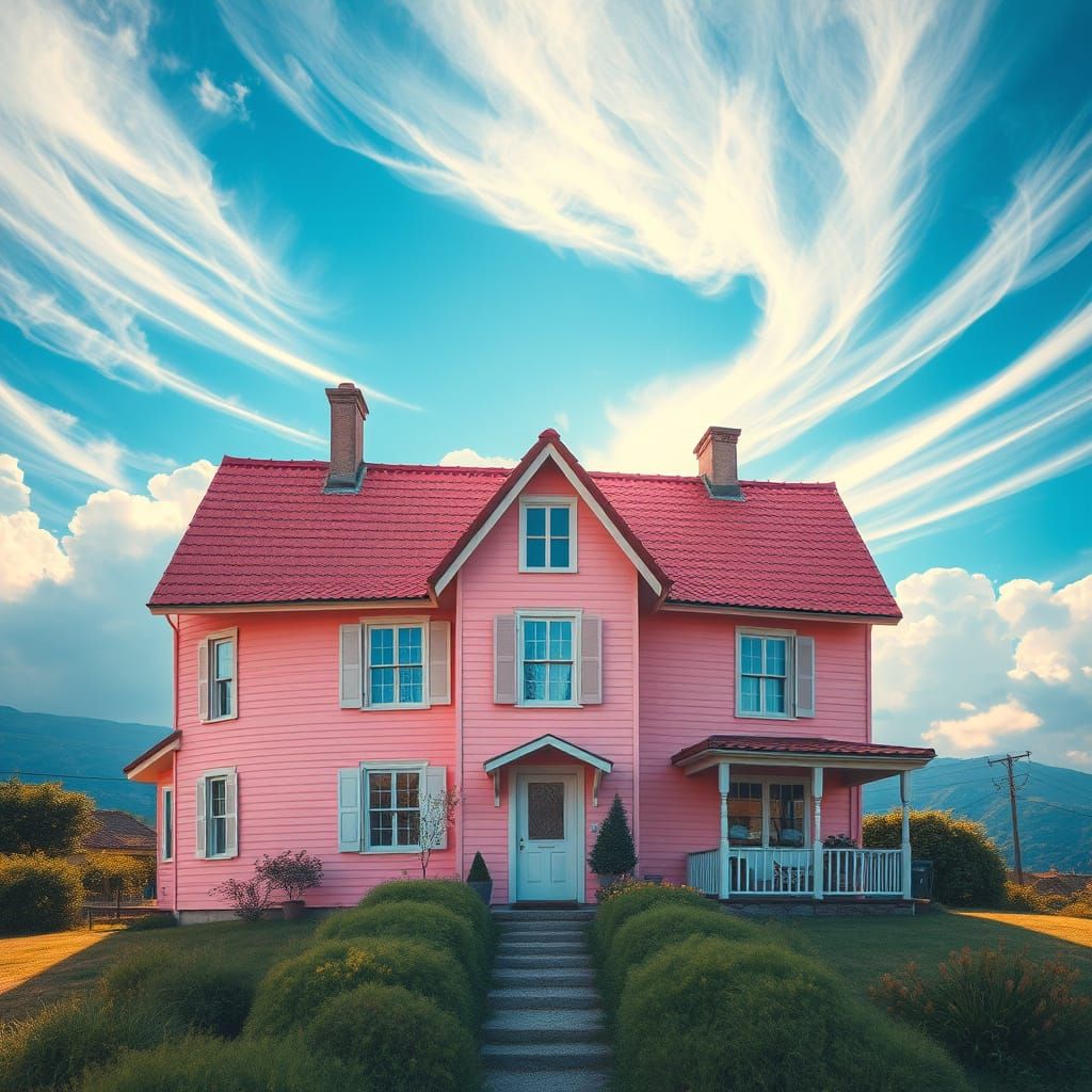 Serene Pink House in a Sunlit Landscape