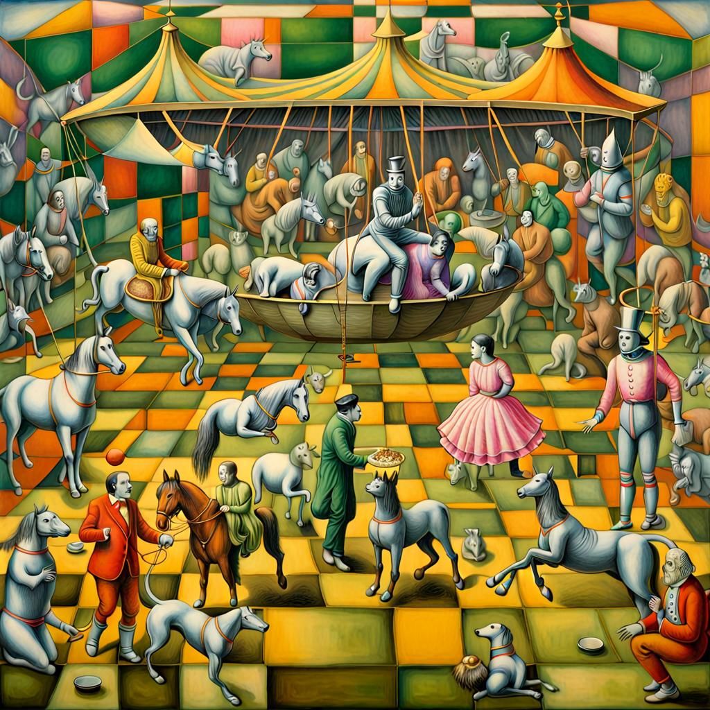 circus scene ring, trapeze artists, clowns, trained horses a...