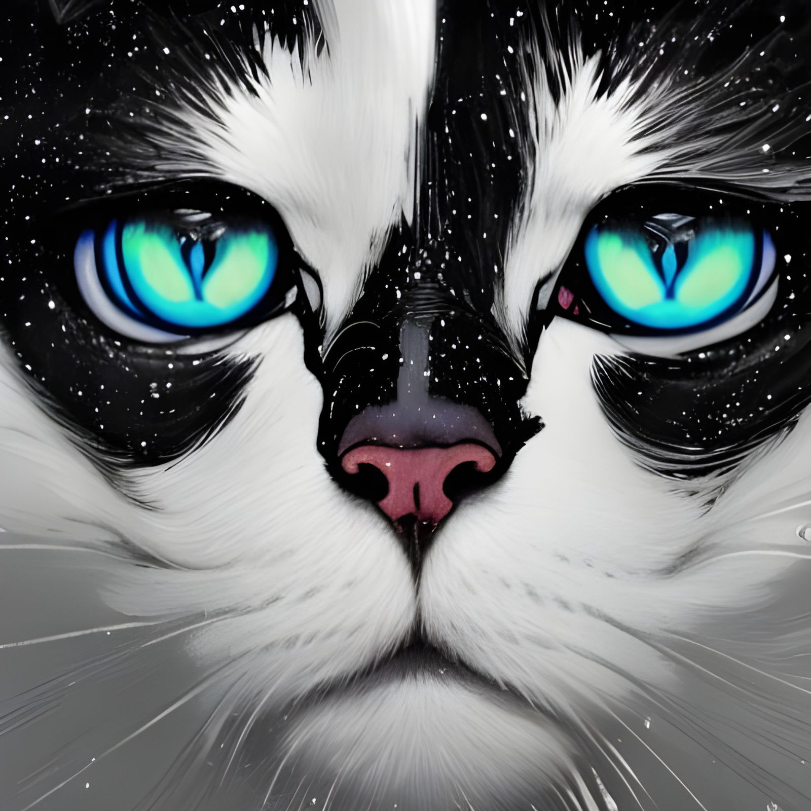 Stained Glass Mosaic: Black and White Cat Portrait