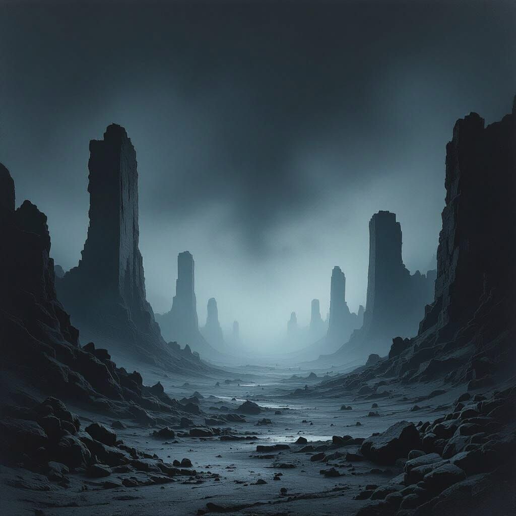 Desolate Landscape in Deep Shadows and Fog