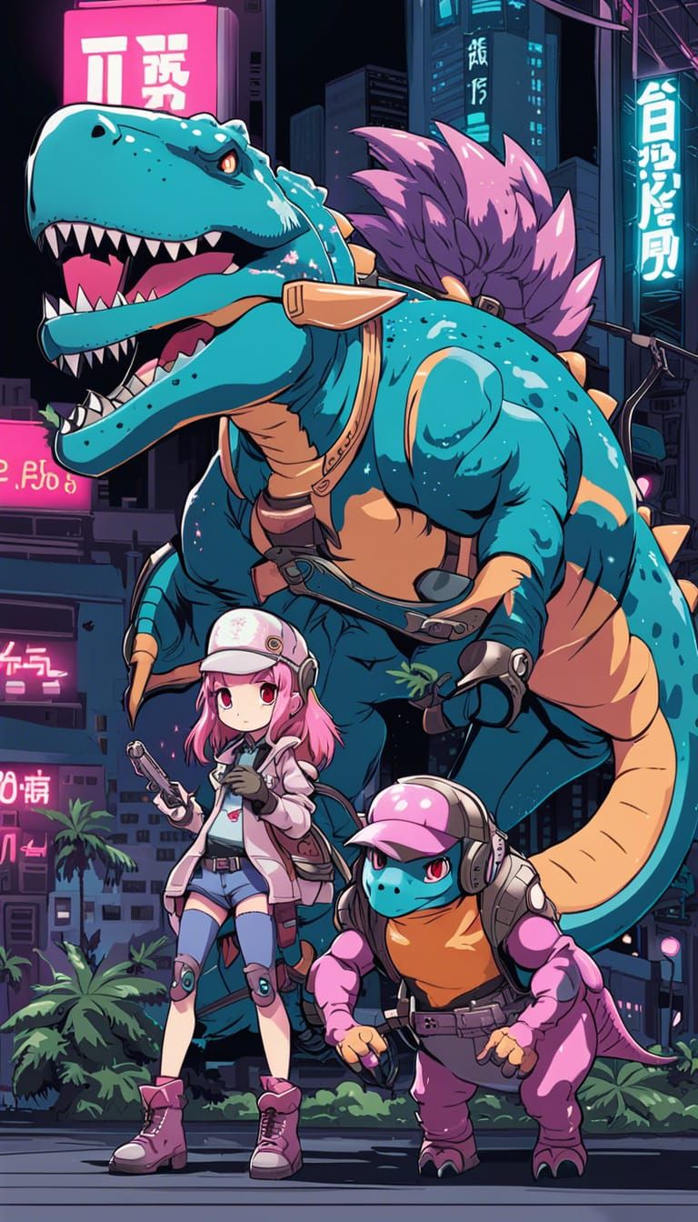 Cyberpunk Anime Dinosaurs in Studio Trigger Style