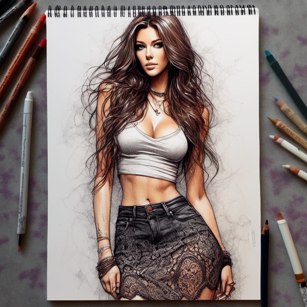 Beautiful Woman with Mischievous Look, Color Sketch
