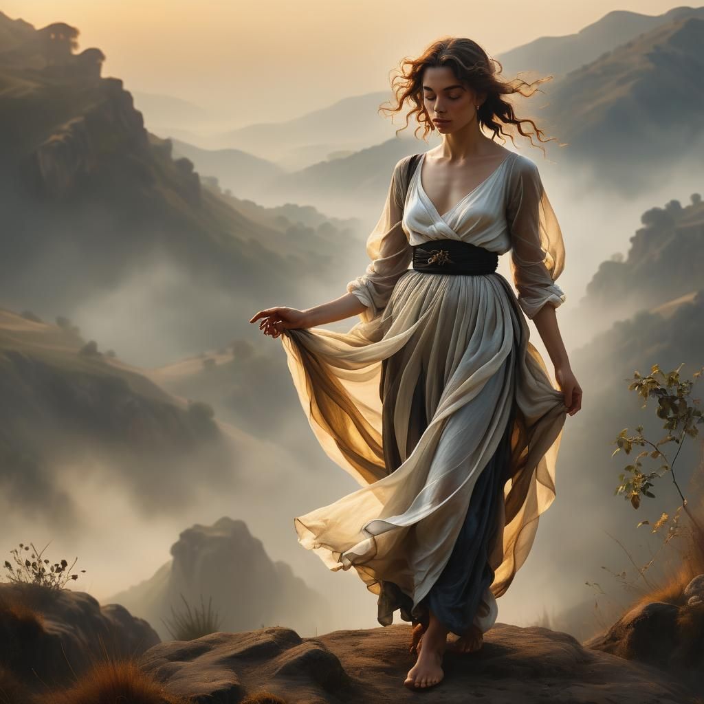 Serene Woman in Ethereal Landscape, Caravaggio Style