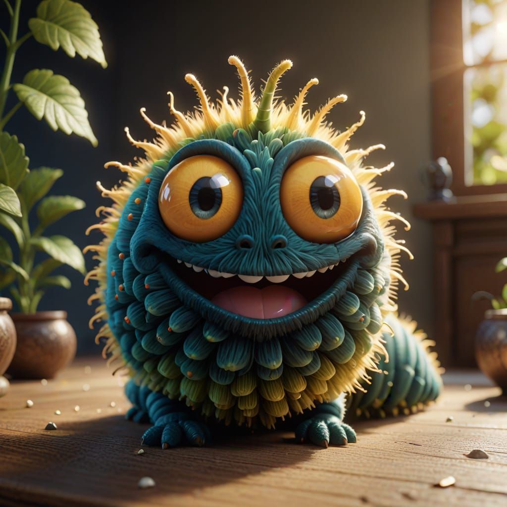 Cute Fluffy Caterpillar Smiling with God Rays