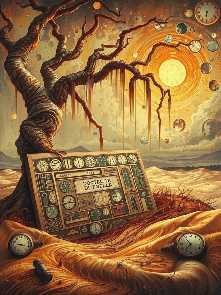 Surrealist Townscape with Twisted Tree and Faded Painting