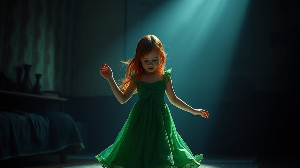 Child Dancer Illuminated in Dark Bedroom