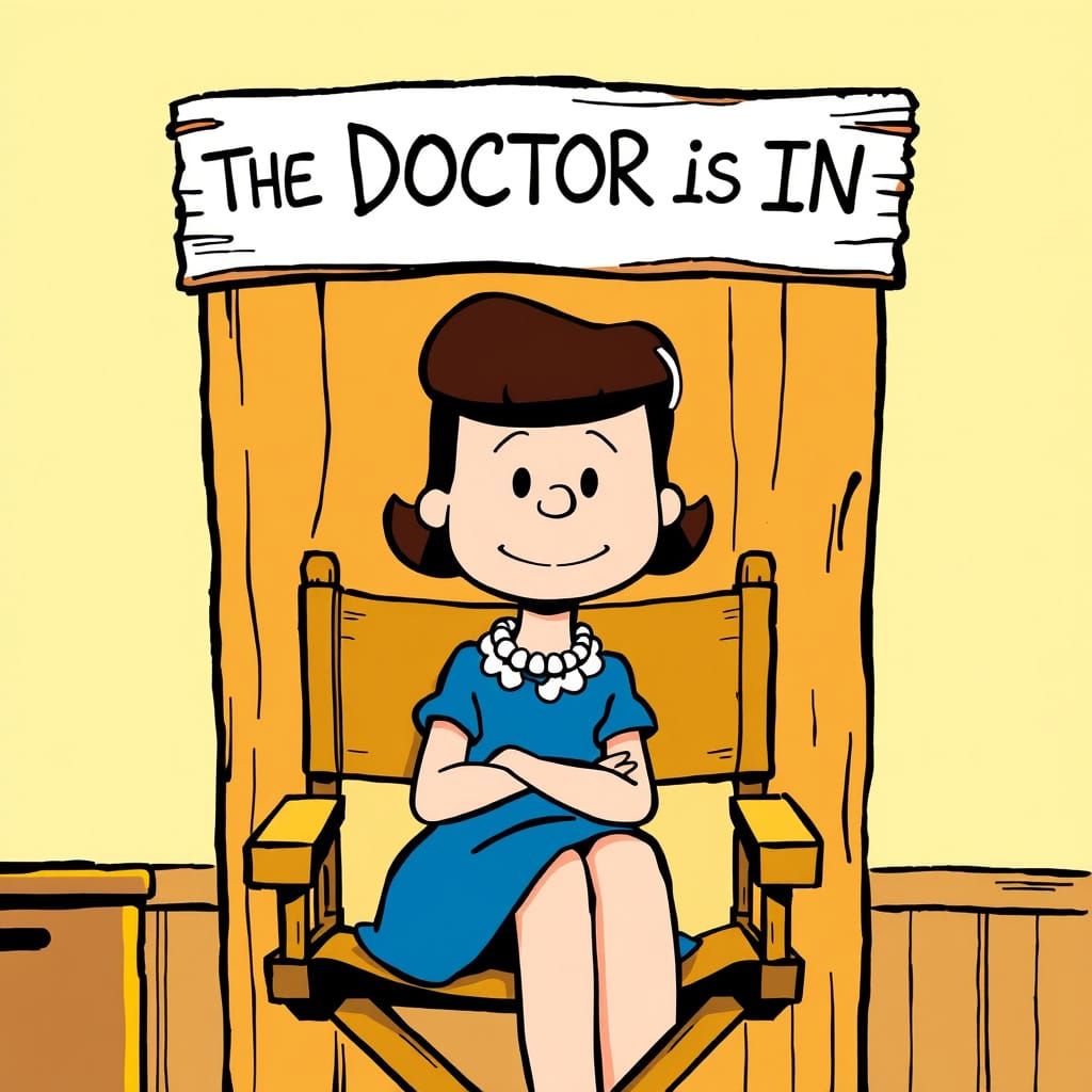 Confident Lucy van Pelt in Director's Chair with Psychiatris...