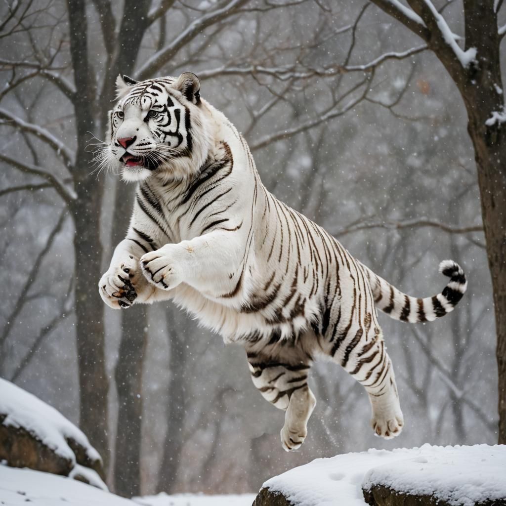 White Tiger Preparing to Leap in Snow