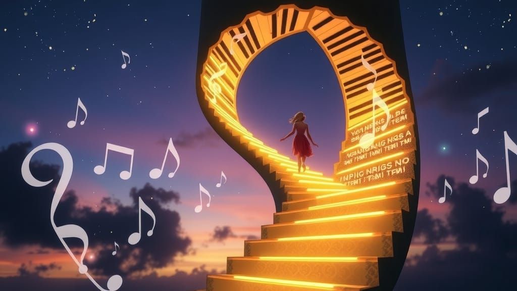 Glowing Piano Note Staircase Ascends to Twilight Sky