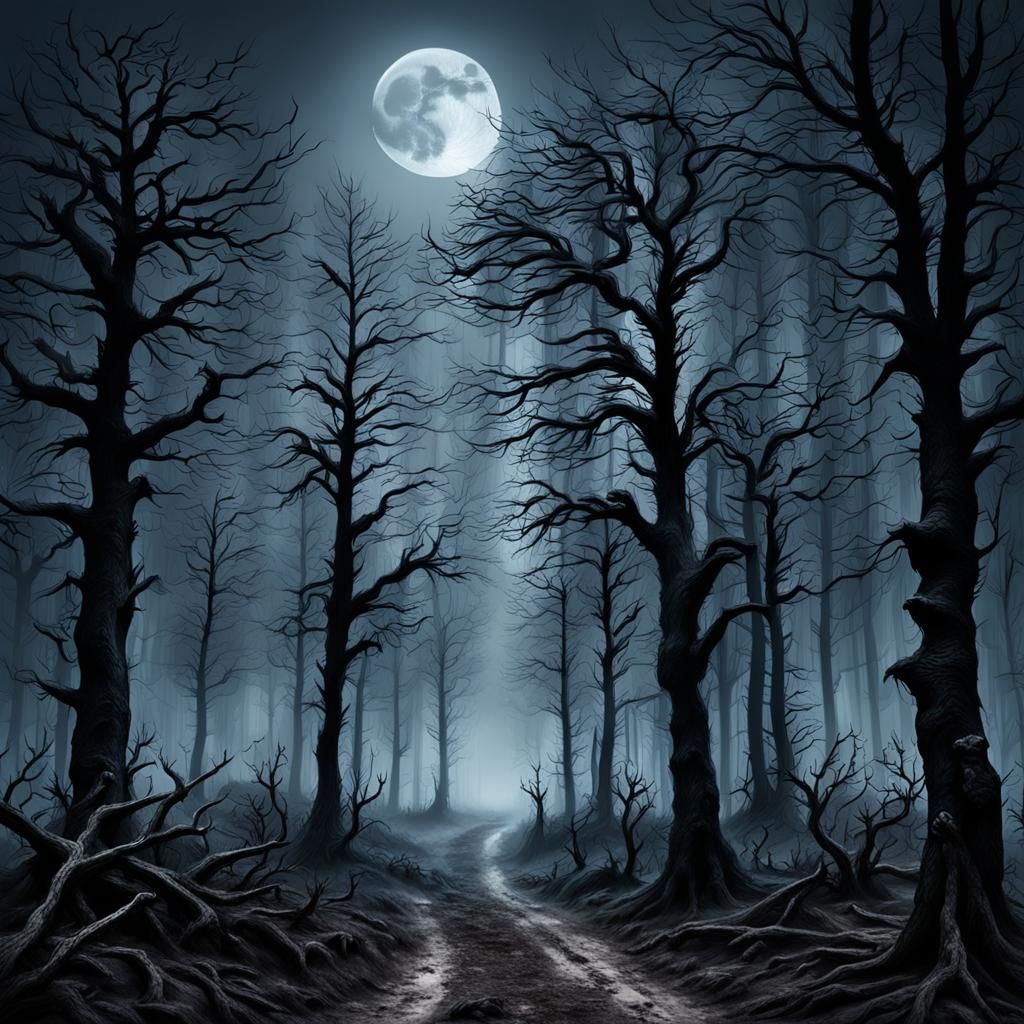 Moonlit Dead Forest in Heavy Fog